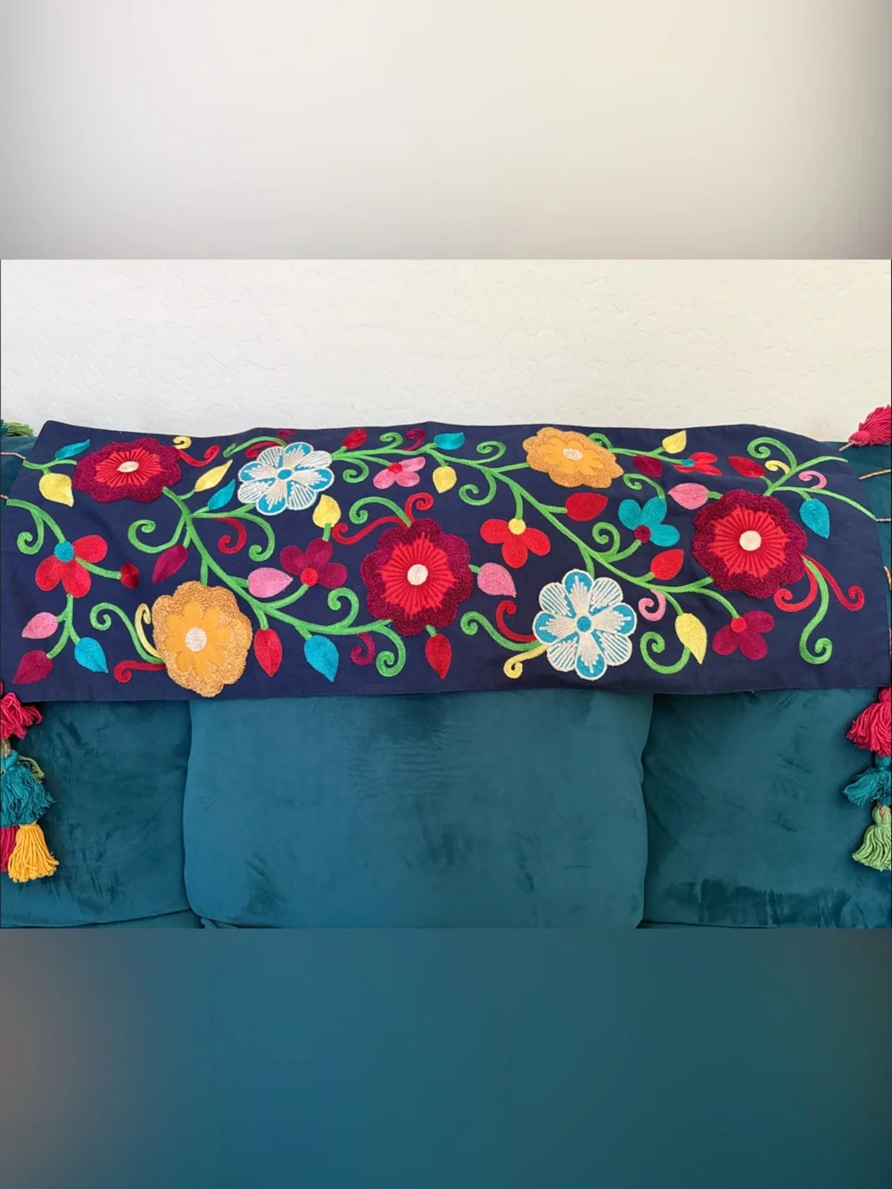 Pier 1 Fiesta Navy Embroidered Floral Table Runner with Multicolor Tassels